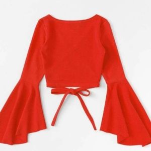 Bell Sleeve Self-Tie Crop Top